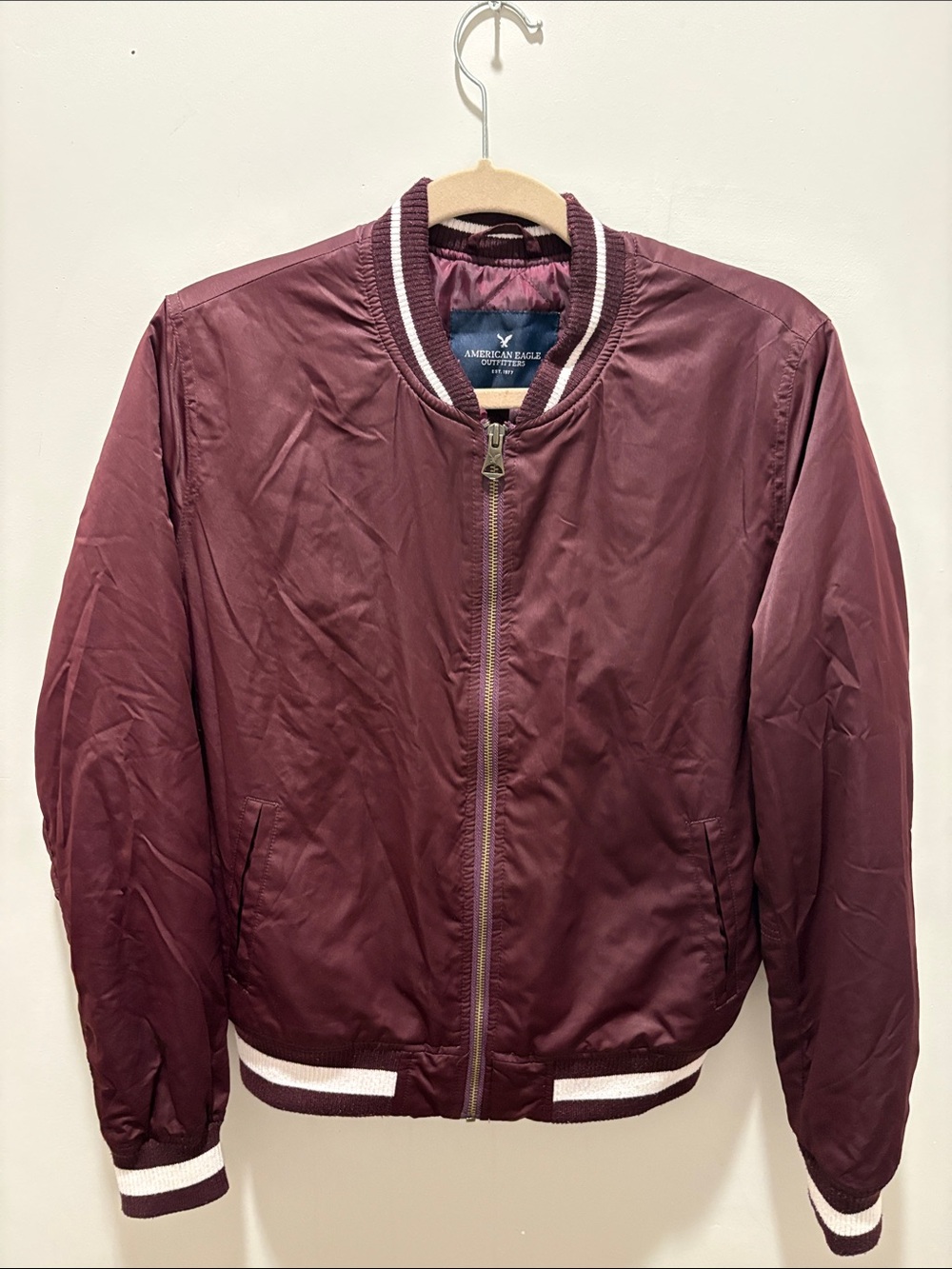 American Eagle Outfitters Burgundy Bomber Jacket with Striped Trim